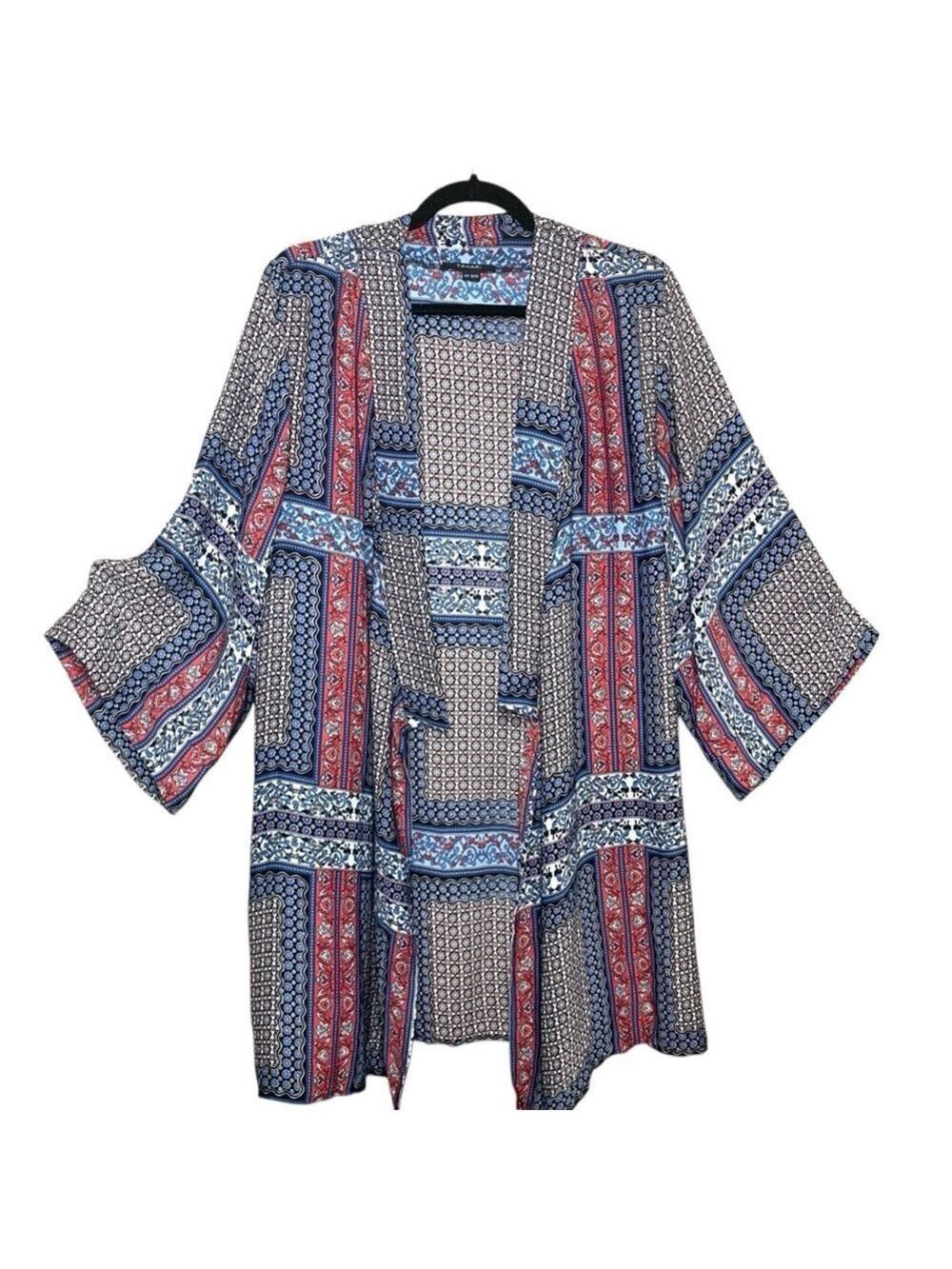 Tahari Bohemian Kimono Cardigan Sz L/XL Blue Red Floral Open Flowy Swim Cover Up